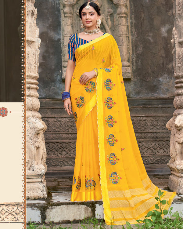 Vishal Prints Golden Yellow Designer Chiffon Saree With Embroidery-Diamond Work And Cut Work Border