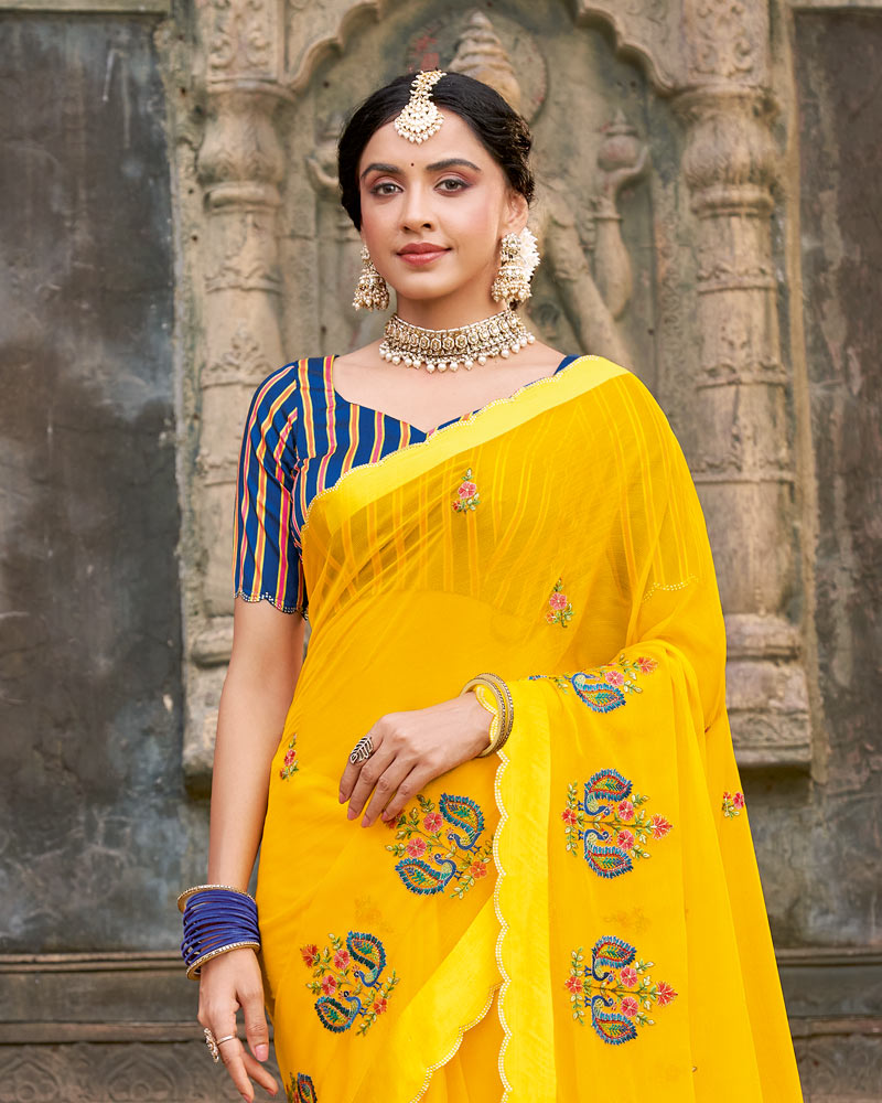 Vishal Prints Golden Yellow Designer Chiffon Saree With Embroidery-Diamond Work And Cut Work Border