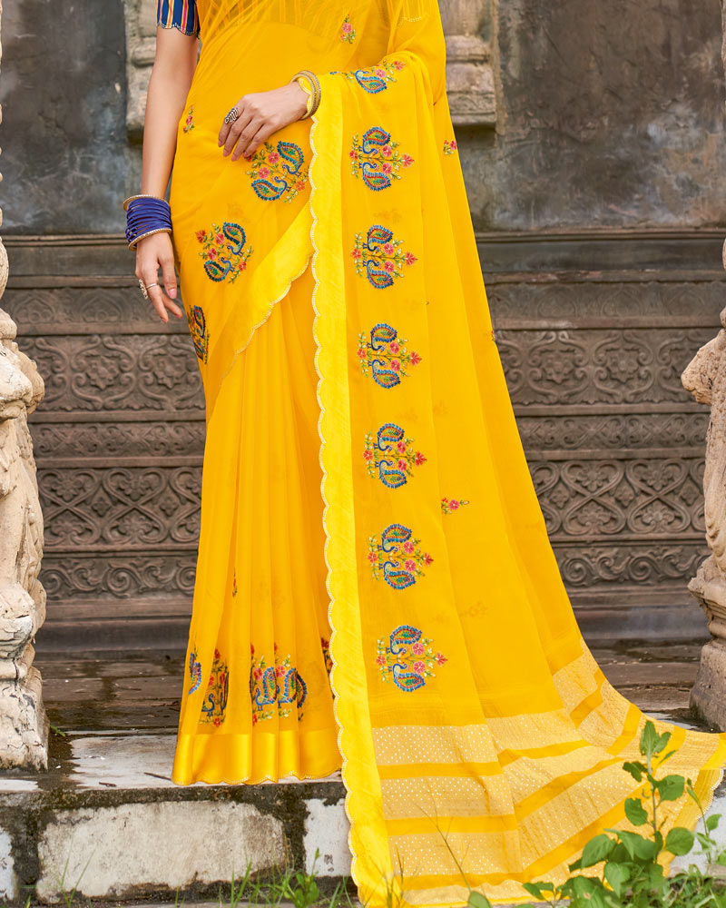 Vishal Prints Golden Yellow Designer Chiffon Saree With Embroidery-Diamond Work And Cut Work Border