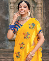 Vishal Prints Golden Yellow Designer Chiffon Saree With Embroidery-Diamond Work And Cut Work Border