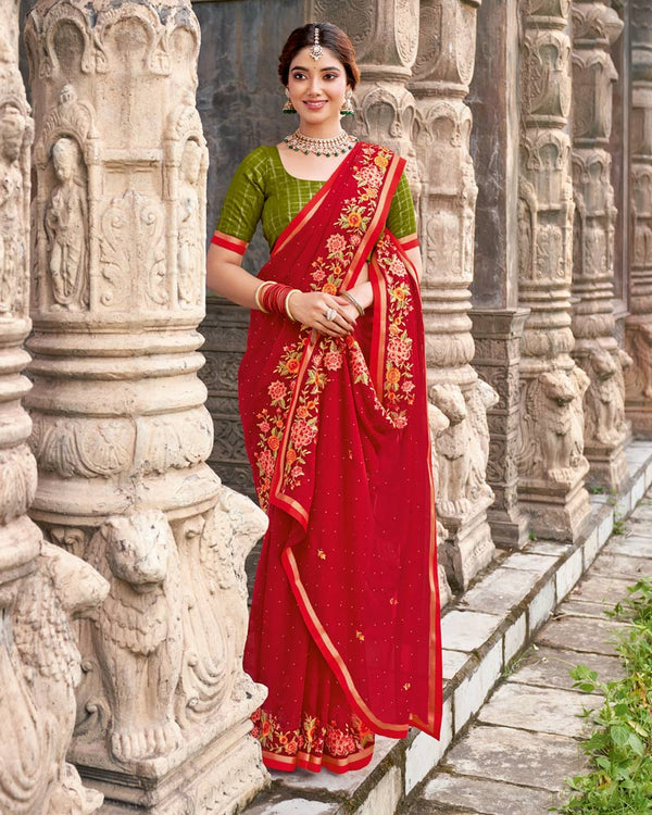 Vishal Prints Milano Red Designer Chiffon Saree With Embroidery-Diamond Work And Fancy Border