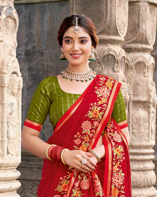 Vishal Prints Milano Red Designer Chiffon Saree With Embroidery-Diamond Work And Fancy Border