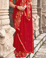 Vishal Prints Milano Red Designer Chiffon Saree With Embroidery-Diamond Work And Fancy Border