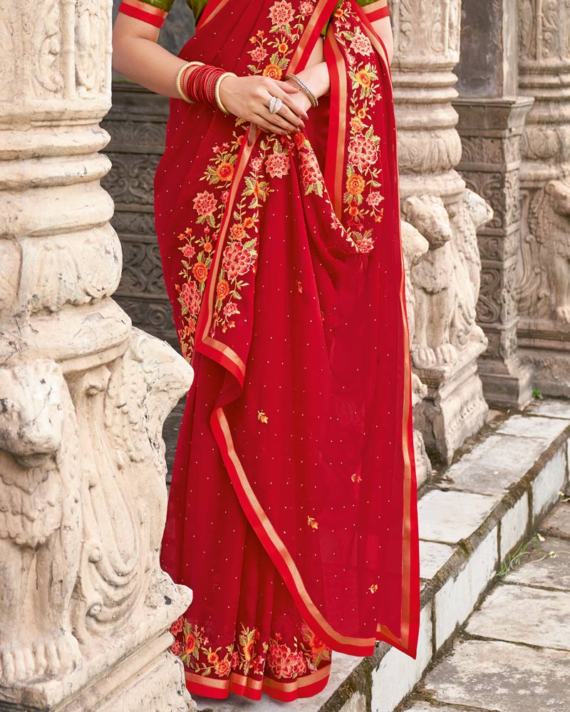 Vishal Prints Milano Red Designer Chiffon Saree With Embroidery-Diamond Work And Fancy Border