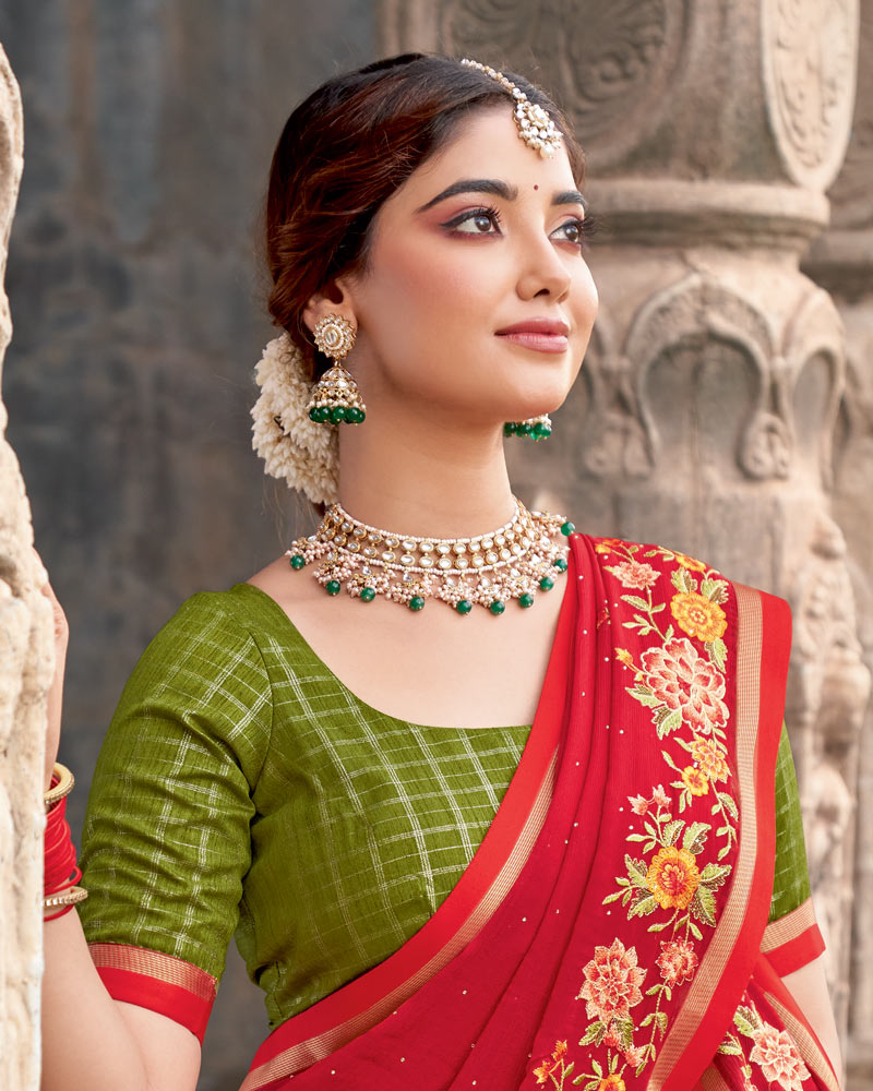 Vishal Prints Milano Red Designer Chiffon Saree With Embroidery-Diamond Work And Fancy Border