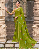 Vishal Prints Olive Green Designer Chiffon Saree With Embroidery-Diamond Work And Fancy Border