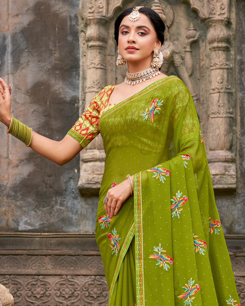 Vishal Prints Olive Green Designer Chiffon Saree With Embroidery-Diamond Work And Fancy Border