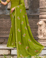 Vishal Prints Olive Green Designer Chiffon Saree With Embroidery-Diamond Work And Fancy Border