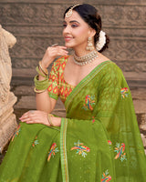 Vishal Prints Olive Green Designer Chiffon Saree With Embroidery-Diamond Work And Fancy Border