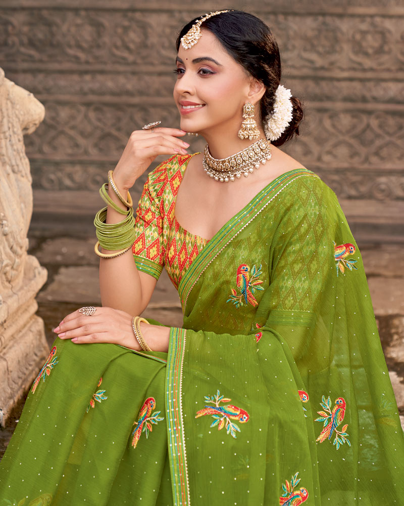 Vishal Prints Olive Green Designer Chiffon Saree With Embroidery-Diamond Work And Fancy Border