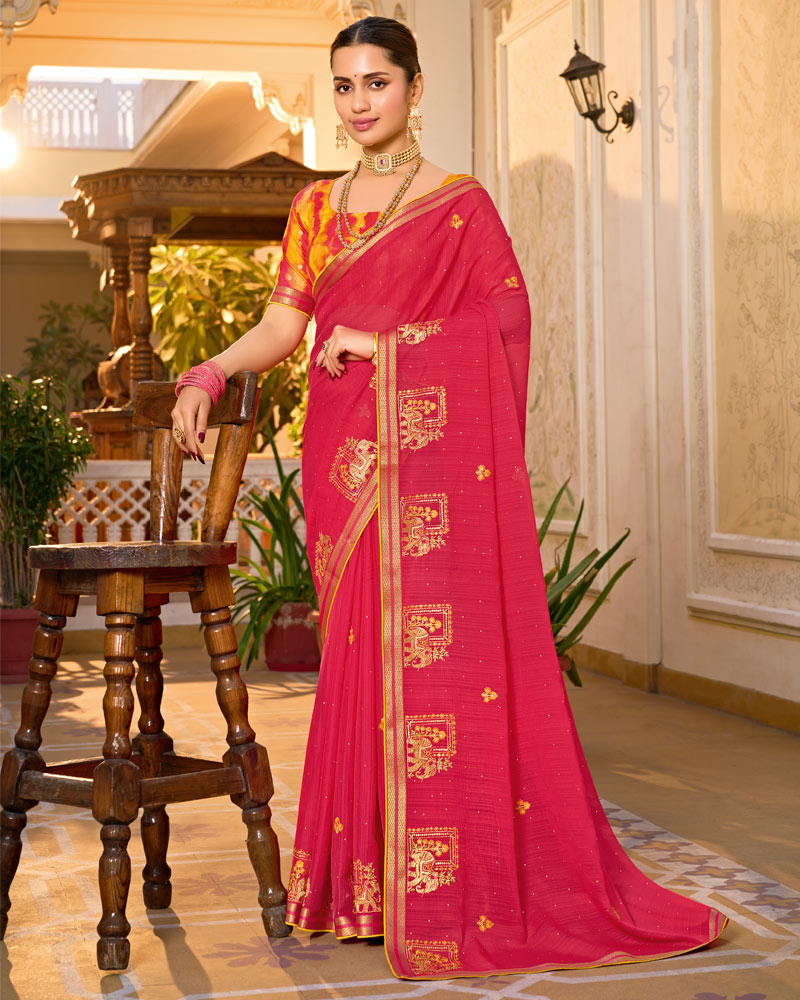 Vishal Prints Red Pink Designer Fancy Chiffon Saree With Embroidery-Diamond Work And Border