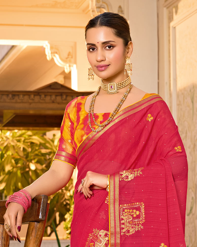 Vishal Prints Red Pink Designer Fancy Chiffon Saree With Embroidery-Diamond Work And Border