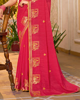 Vishal Prints Red Pink Designer Fancy Chiffon Saree With Embroidery-Diamond Work And Border