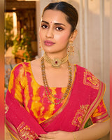 Vishal Prints Red Pink Designer Fancy Chiffon Saree With Embroidery-Diamond Work And Border