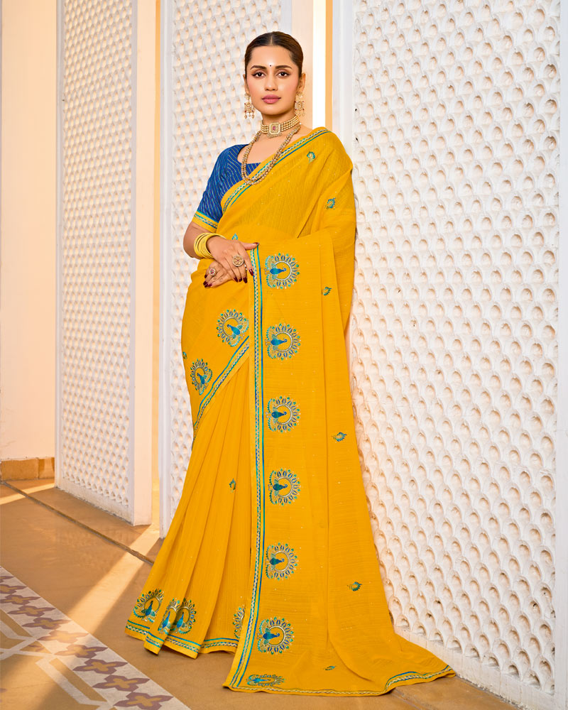 Vishal Prints Golden Yellow Designer Fancy Chiffon Saree With Embroidery-Diamond Work And Border