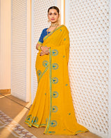 Vishal Prints Golden Yellow Designer Fancy Chiffon Saree With Embroidery-Diamond Work And Border