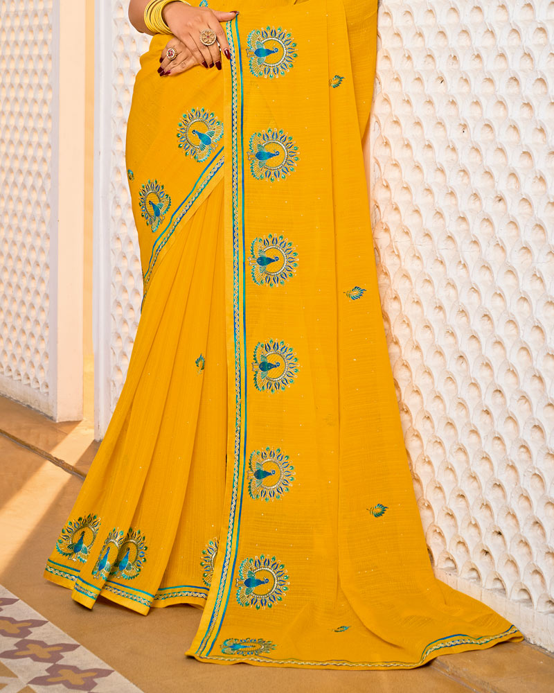 Vishal Prints Golden Yellow Designer Fancy Chiffon Saree With Embroidery-Diamond Work And Border