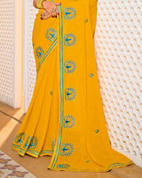 Vishal Prints Golden Yellow Designer Fancy Chiffon Saree With Embroidery-Diamond Work And Border