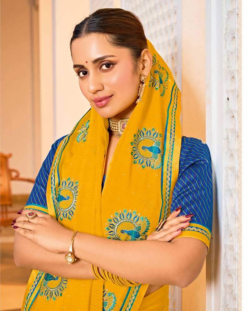 Vishal Prints Golden Yellow Designer Fancy Chiffon Saree With Embroidery-Diamond Work And Border
