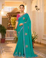 Vishal Prints Persian Green Designer Fancy Chiffon Saree With Embroidery-Diamond Work And Border
