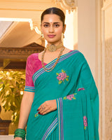 Vishal Prints Persian Green Designer Fancy Chiffon Saree With Embroidery-Diamond Work And Border