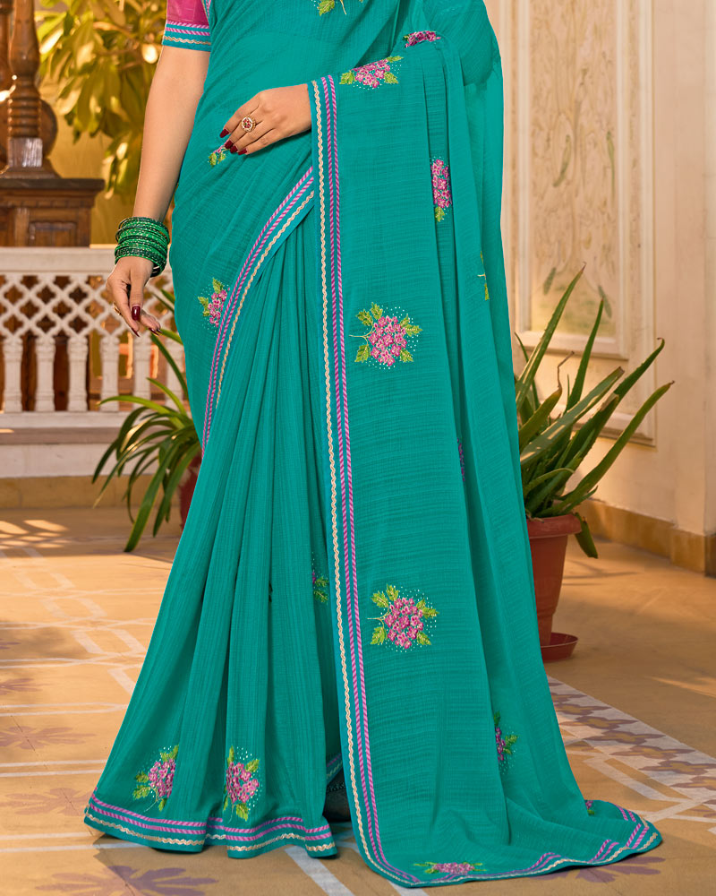 Vishal Prints Persian Green Designer Fancy Chiffon Saree With Embroidery-Diamond Work And Border