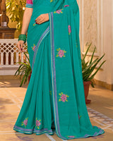 Vishal Prints Persian Green Designer Fancy Chiffon Saree With Embroidery-Diamond Work And Border