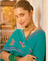 Vishal Prints Persian Green Designer Fancy Chiffon Saree With Embroidery-Diamond Work And Border