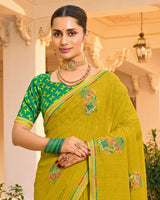 Vishal Prints Yellow Ochre Designer Fancy Chiffon Saree With Embroidery-Diamond Work And Border