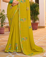 Vishal Prints Yellow Ochre Designer Fancy Chiffon Saree With Embroidery-Diamond Work And Border