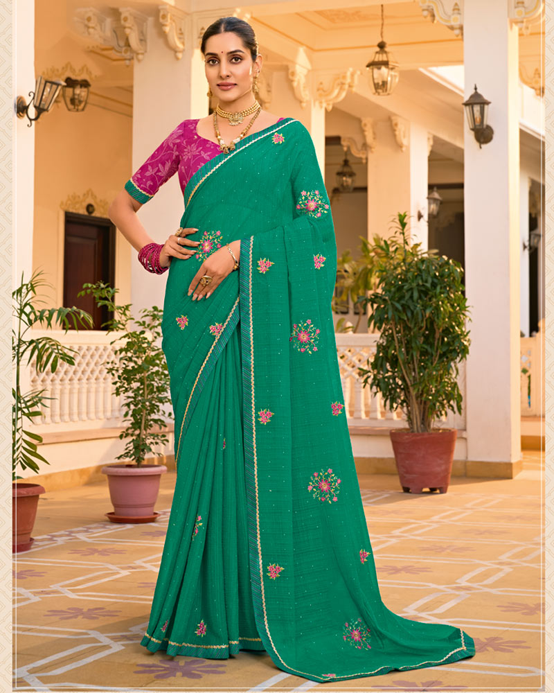 Vishal Prints Pine Green Designer Fancy Chiffon Saree With Embroidery-Diamond Work And Border
