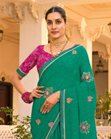 Vishal Prints Pine Green Designer Fancy Chiffon Saree With Embroidery-Diamond Work And Border