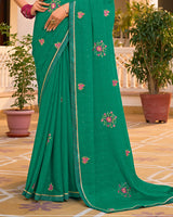 Vishal Prints Pine Green Designer Fancy Chiffon Saree With Embroidery-Diamond Work And Border