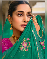 Vishal Prints Pine Green Designer Fancy Chiffon Saree With Embroidery-Diamond Work And Border