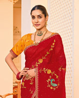 Vishal Prints Chili Red Designer Fancy Chiffon Saree With Embroidery-Diamond Work And Border