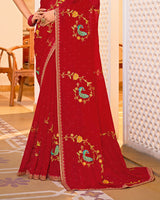 Vishal Prints Chili Red Designer Fancy Chiffon Saree With Embroidery-Diamond Work And Border