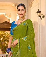 Vishal Prints Mehandi Green Designer Fancy Chiffon Saree With Embroidery-Diamond Work And Border