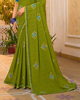 Vishal Prints Mehandi Green Designer Fancy Chiffon Saree With Embroidery-Diamond Work And Border