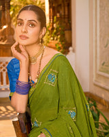 Vishal Prints Mehandi Green Designer Fancy Chiffon Saree With Embroidery-Diamond Work And Border