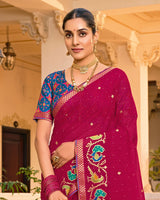 Vishal Prints Red Purple Designer Fancy Chiffon Saree With Embroidery-Diamond Work And Border
