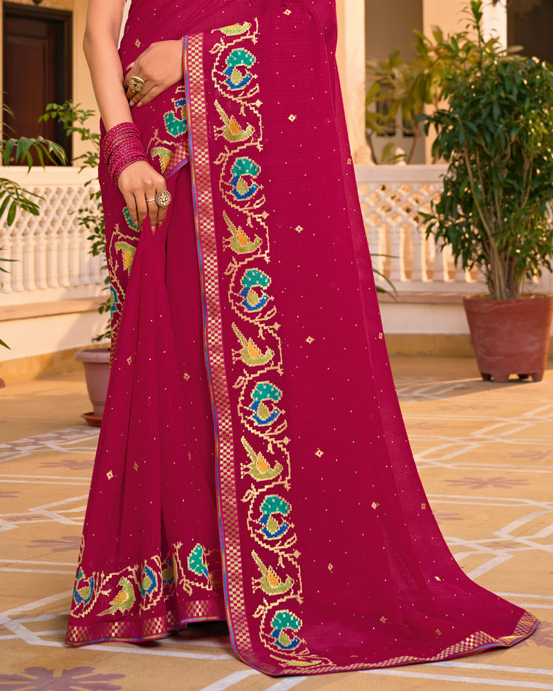 Vishal Prints Red Purple Designer Fancy Chiffon Saree With Embroidery-Diamond Work And Border