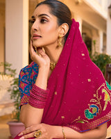 Vishal Prints Red Purple Designer Fancy Chiffon Saree With Embroidery-Diamond Work And Border