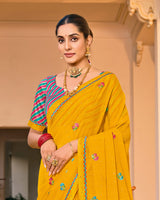 Vishal Prints Dark Chrome Yellow Designer Fancy Chiffon Saree With Embroidery-Diamond Work And Border