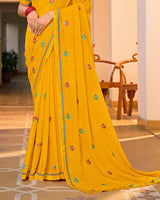 Vishal Prints Dark Chrome Yellow Designer Fancy Chiffon Saree With Embroidery-Diamond Work And Border