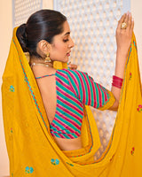 Vishal Prints Dark Chrome Yellow Designer Fancy Chiffon Saree With Embroidery-Diamond Work And Border