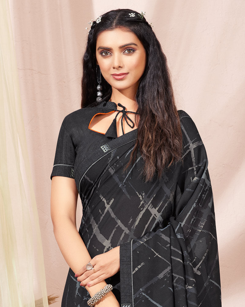 Vishal Prints Black Printed Georgette Saree With Fancy Border