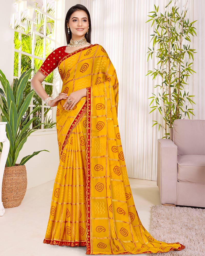 Vishal Prints Dark Yellow Printed Chiffon Traditional Print Saree With Foil Print And Cut Work Embroidery Border