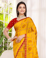 Vishal Prints Dark Yellow Printed Chiffon Traditional Print Saree With Foil Print And Cut Work Embroidery Border