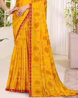 Vishal Prints Dark Yellow Printed Chiffon Traditional Print Saree With Foil Print And Cut Work Embroidery Border