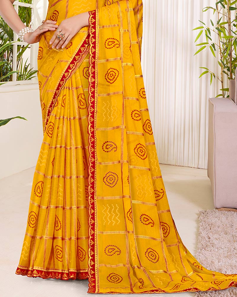 Vishal Prints Dark Yellow Printed Chiffon Traditional Print Saree With Foil Print And Cut Work Embroidery Border